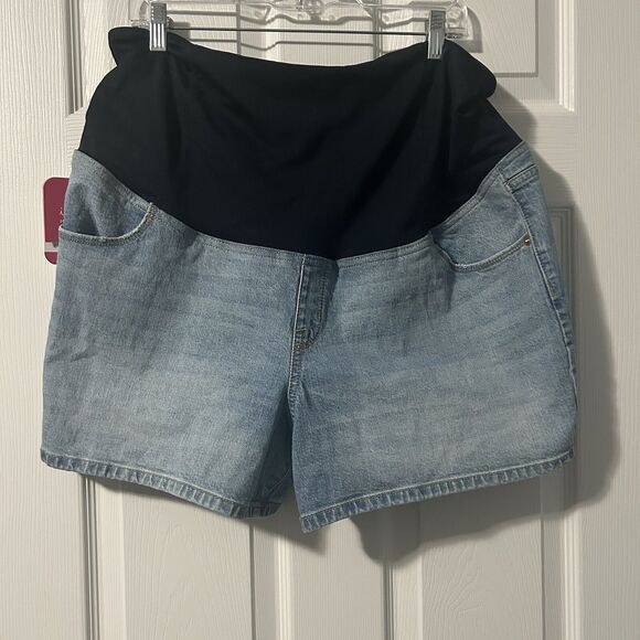 Isabel Maternity Size 16 Midi Denim Shorts  Crossover Panel NWT - Picture 1 of 5